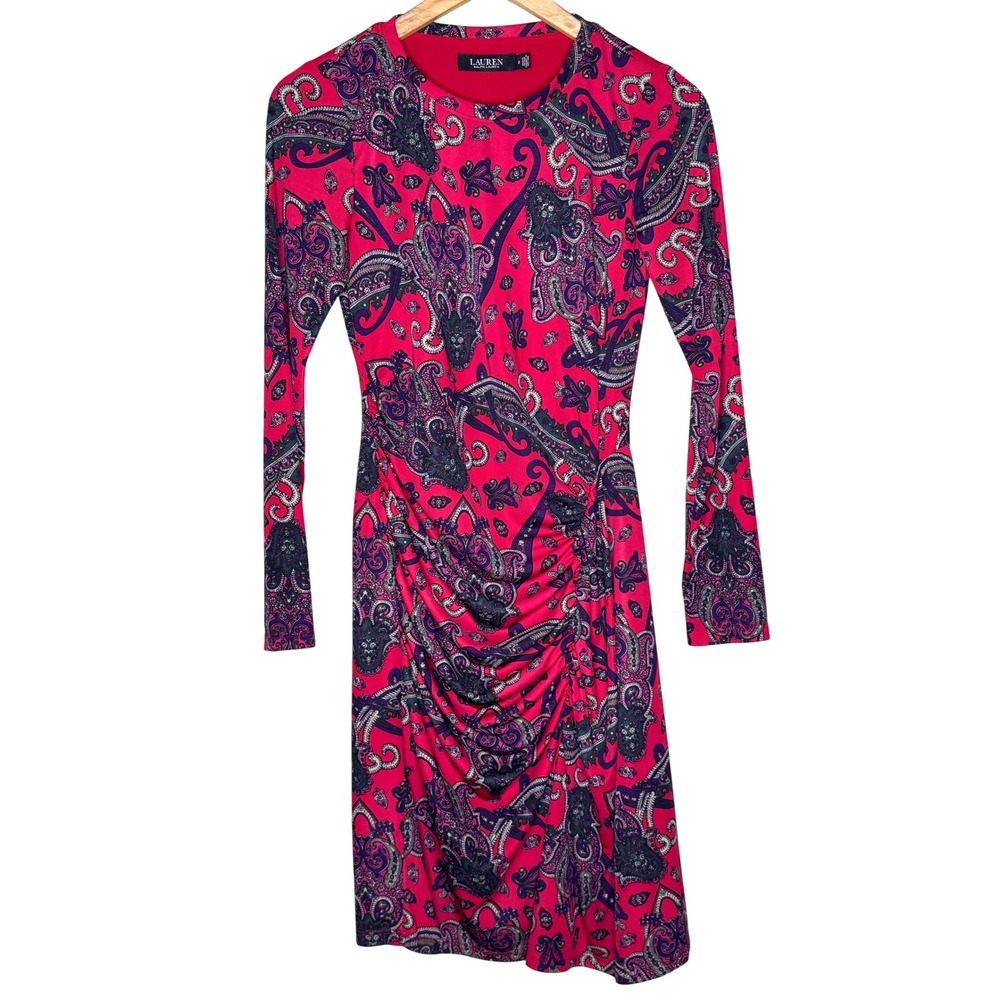 Lauren Ralph Lauren Pink Paisley Ruched Side Long Sleeve Sheath Dress Size 2